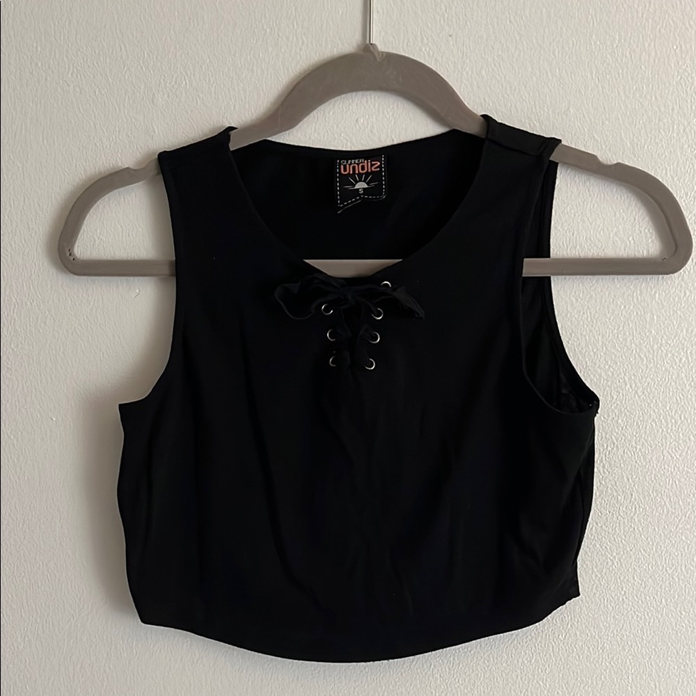 Black Cropped Sleeveless Lace-Up Top